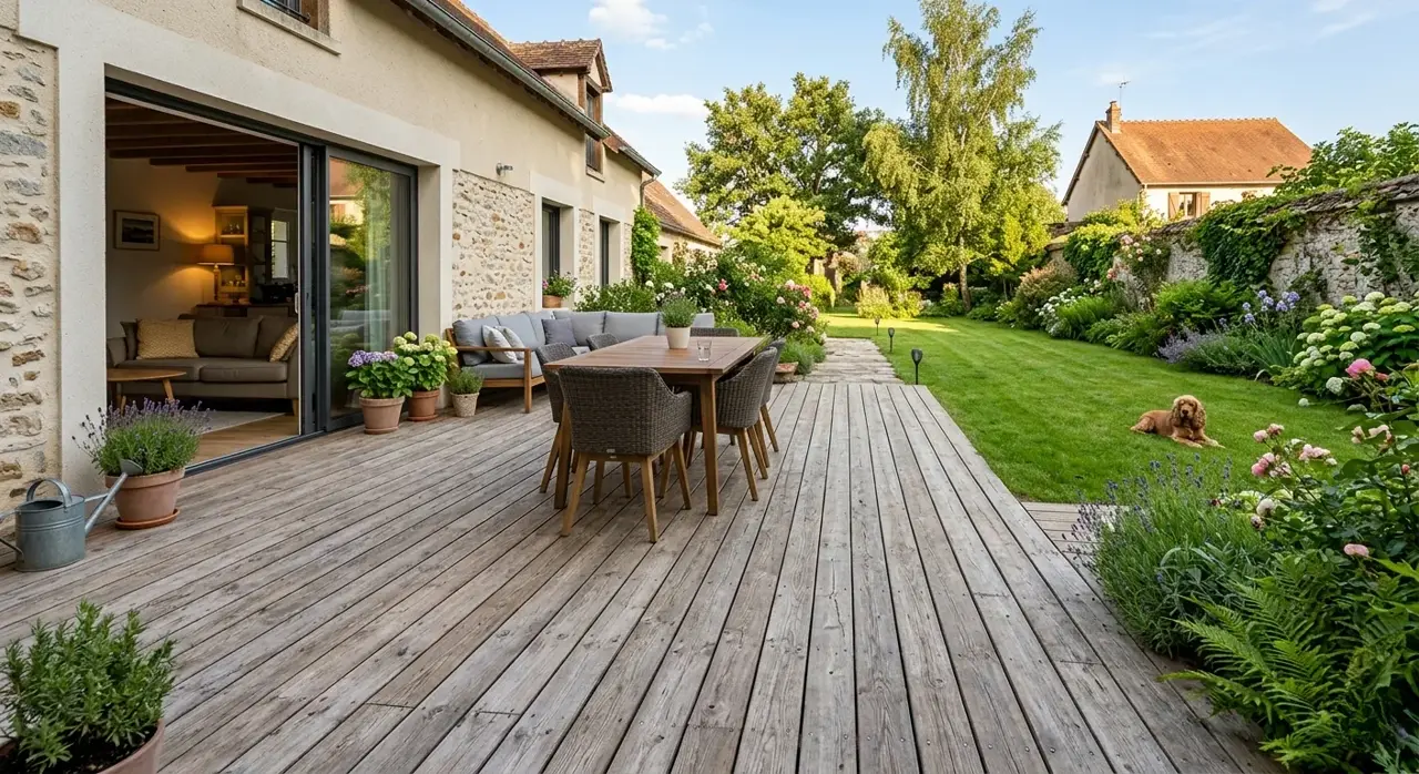 Grande terrasse en bois au soleil, table dressée face au jardin